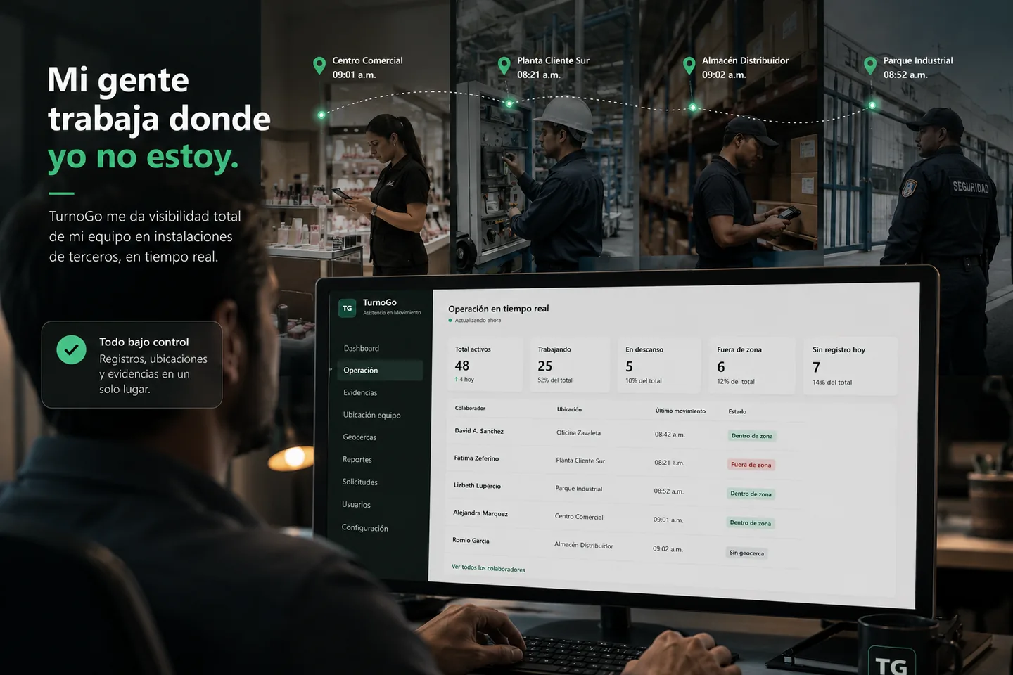 Personal de campo registrando asistencia en una instalación de cliente conectada con TurnoGo