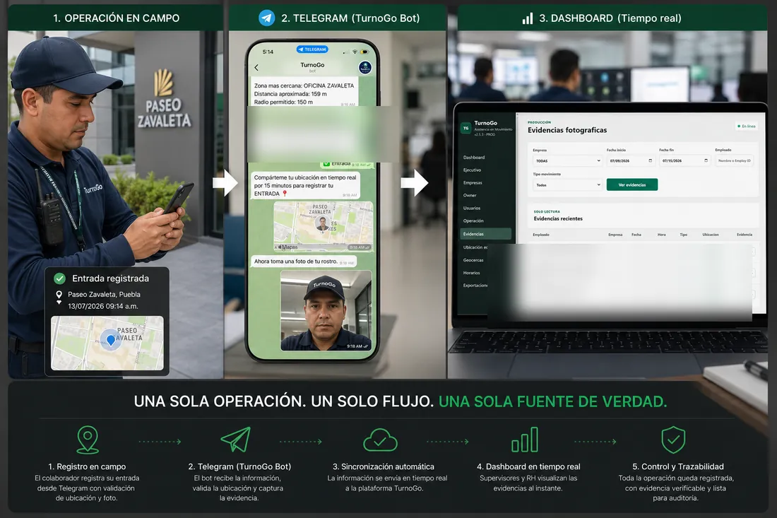 Flujo de TurnoGo desde el registro del colaborador hasta la visibilidad del dashboard